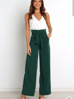 Petal & Pup Emerald High-Waist Tie-Waist Wide Leg Pants paperbag pant